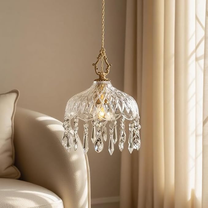 Vintage Crystal Small Pendant Lights Kitchen Island, Adjustable Cord Length 0.5" to 70", Dia7.87 Glass Shade Light Fixture,Brass Hanging Light, Chandelier for Bedroom (1-Pack，Hard-Wired