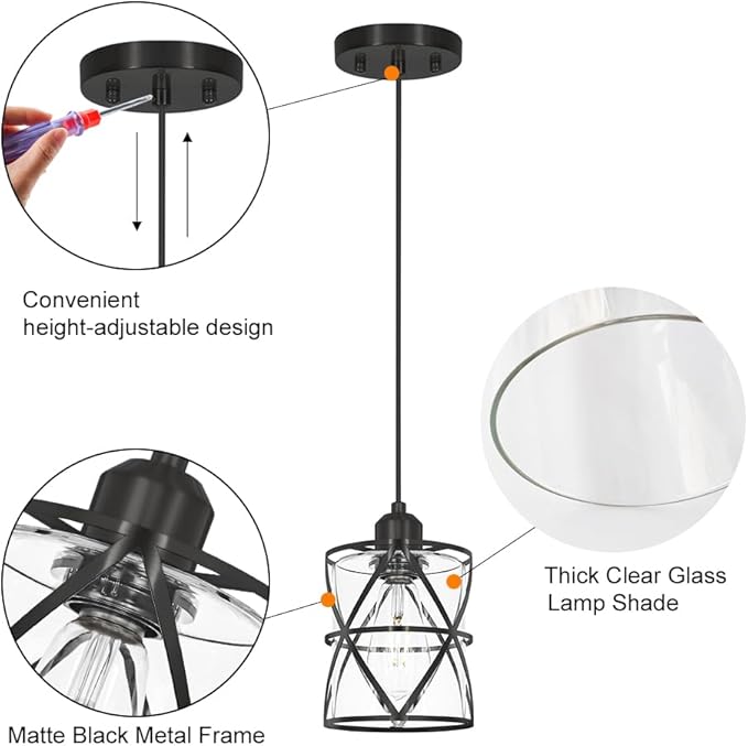 Black Pendant Lights for Kitchen Set of 2, Kitchen Island Pendant Light with Clear Glass, Adjustable Bathroom Pendant Lights, Hanging Kitchen Light over Island,59'' Cord for,Bedside Table,Hallway