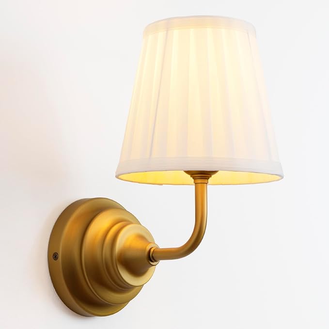 Vintage Gold Wall Sconce Light Brass Bathroom Vanity Light with White Fabric Shade Hardwire Modern Wall Sconces Lamp for Bedroom Living Room Bathroom Kitchen Indoor E26