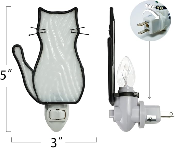 BOXCASA White Cat Night Light, Stained Glass Lamp, Warm Yellow Plug-In Night Light for Living Room, Bedroom, Hallway - Cat Gifts