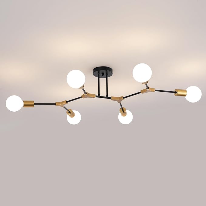 Black and Gold Semi Flush Mount Ceiling Lighting Fixture, 6 Lights Sputnik Chandelier for Living Room, Modern LED Ceiling Light Fixture for Dining Room, Bedroom, Kitchen