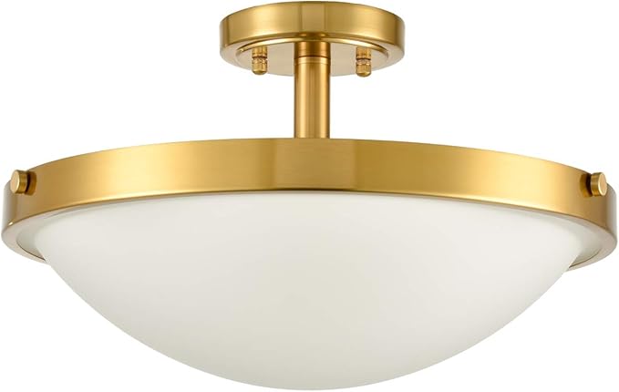 SAMTEEN 16-Inch Gold Semi Flush Mount Ceiling Light Mid Century Modern 3-Light Milk Glass Ceiling Light Brass Glass Flush Mount Light Fixtures for Bedroom Hallway Staircase