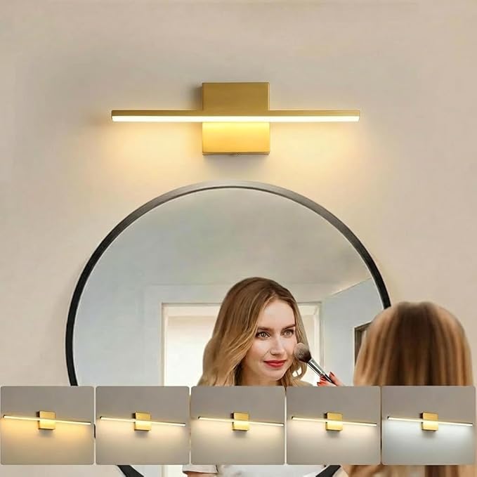 Brushed Gold Vanity Light 16 Inch Modern Bathroom Light Fixtures 14W Wall Vanity Lamp Over Mirror, Dimmable 5CCT LED Wall Sconce for Bedroom Cabinets UL Certificated