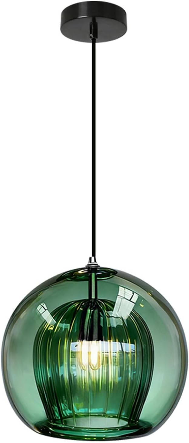Single Glass Pendant Lights Green Striped Vintage Pendant Light Fixtures Blown Globe Shade Mid Century Modern Hanging Ceiling Lamp Black Adjustable Cord for Kitchen Island Dining Room Hallway