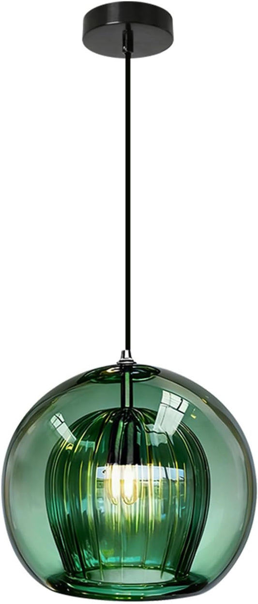 Single Glass Pendant Lights Green Striped Vintage Pendant Light Fixtures Blown Globe Shade Mid Century Modern Hanging Ceiling Lamp Black Adjustable Cord for Kitchen Island Dining Room Hallway