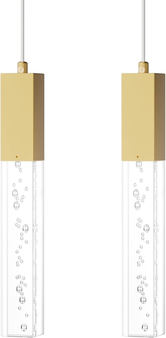 Brass Pendant Lights Kitchen Light Fixture Dimmable Integrated LED Modern Pendant for Kitchen Island Mini Crystal Pendant Light for Bathroom Bedroom 3000K Warm Light(2-Pack)