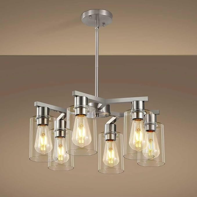 6-Light Farmhouse Brushed Nickel Chandelier,Modern Chandeliers for Dining Room Light Fixture Over Table,Adjustable Hanging Industrial Rustic Pendant Lights for Kitchen Island with Clear Glass Shade