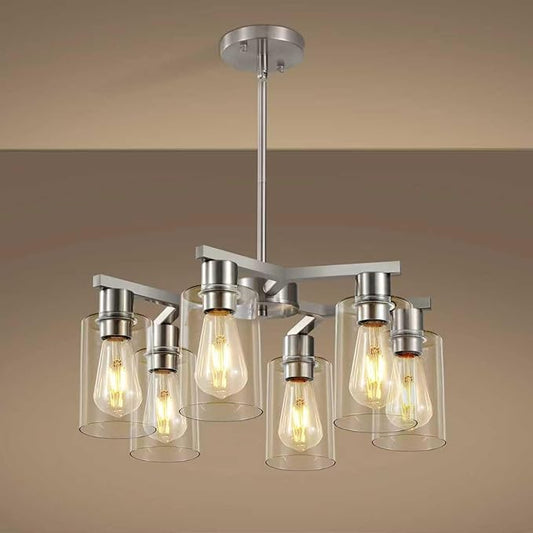 6-Light Farmhouse Brushed Nickel Chandelier,Modern Chandeliers for Dining Room Light Fixture Over Table,Adjustable Hanging Industrial Rustic Pendant Lights for Kitchen Island with Clear Glass Shade