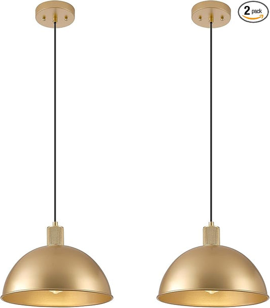 12 Inch Gold Dome Pendant Lights 2 Pack for Kitchen Island, Height Adjustable Farmhouse Industrial Hanging Light Fixtures Over Table for Dining Room, Entryway