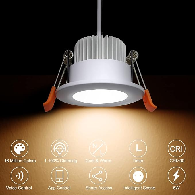 YGS-Tech Smart 2 Inch LED Recessed Lighting RGB WiFi Downlight, 5W Compatible with Alexa and Google Home, Dimmable RGB & CCT 2700-6500K Color Changing, 120V Ceiling Light with LED Driver (4 Pack)