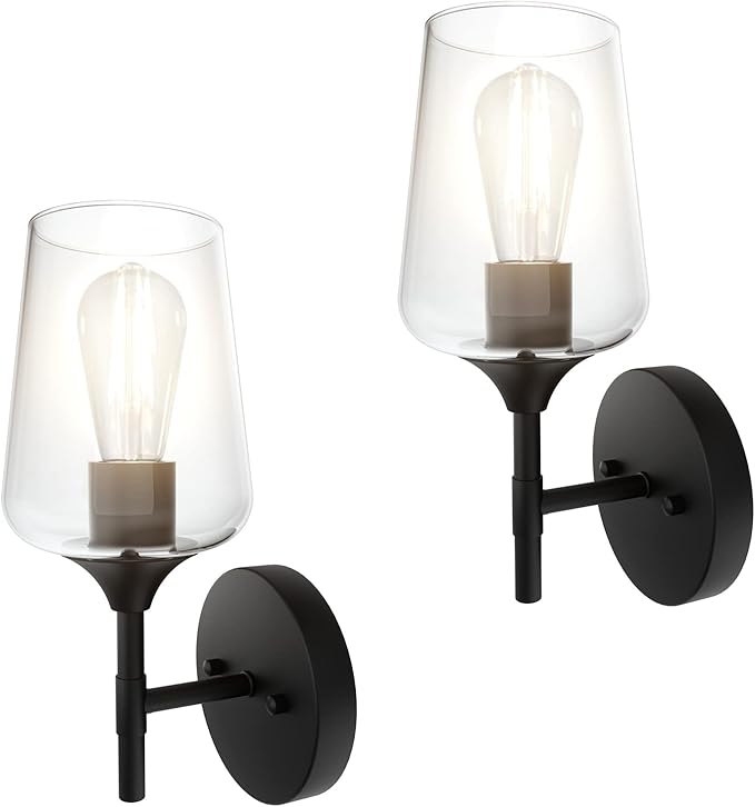 Ralbay Black Wall Sconces Set of 2 Matte Black Bathroom Lights Clear Glass Shade Black Sconces Indoor Wall Lighting for Home Decor Bathroom Kitchen Living Room Hallway