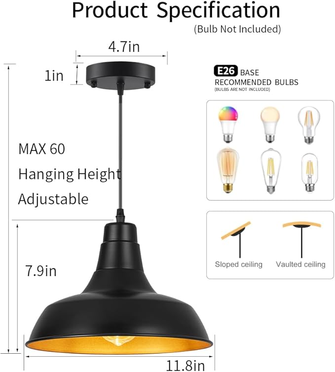 Black Pendant Lights Kitchen Island, Vintage Industrial Fixtures, Black Metal Chandelier Lights, Modern Pendant Lights for Kitchen Island Dining Room Bedroom, 11.8 inches 2 Pack