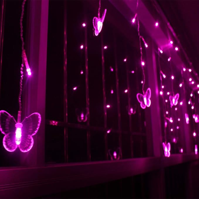 Lainin USB Powered String Light 13FT 96LED Curtain Light 16 Butterflies Strings 8 Mode Fairy Light Strip for Party Indoor Outdoor Room Garden Wall Wedding Christmas Xmas Decorations (Pink)