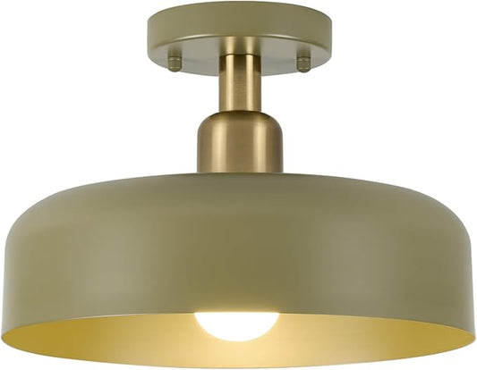 BISAMIYA Modern Semi Flush Mount Ceiling Light Fixture, 12.6" Metal Shade and Brass Accent Ceiling Light, for Entryway, Hallway, Dining Room, Storage Room, Cafe