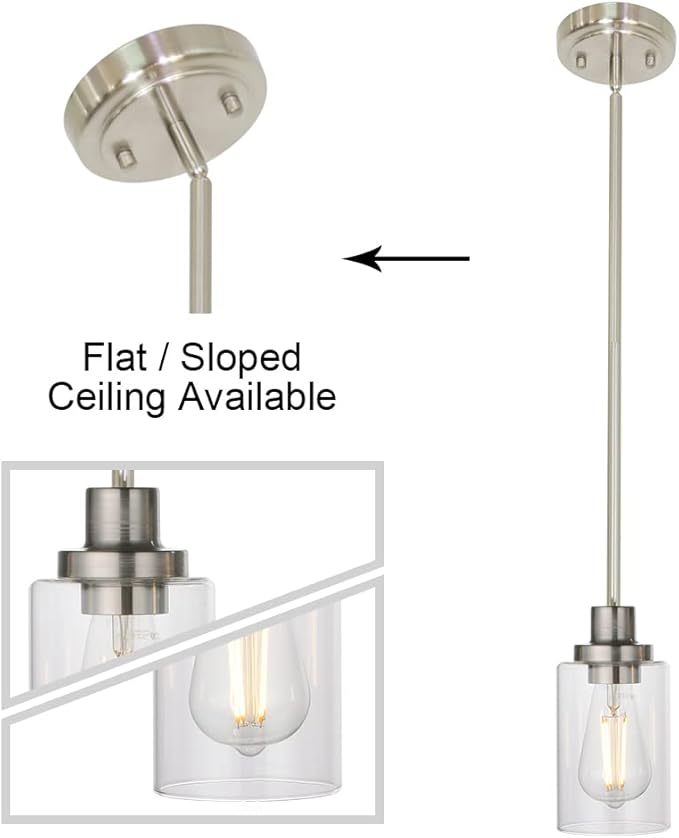 MELUCEE Mini Pendant Lights Brushed Nickel 1-Light with Clear Glass Shade, Contemporary Modern Light Fixtures Ceiling Hanging for Dining Room Kitchen Island Sink