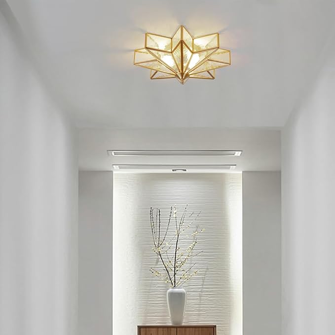 Brass Flush Mount Ceiling Light with Ceramic Light Socket, Star Shaped Ceiling Light Fixture, Mid Century Glass Ceiling Mount Lamp for Entryway, Hallway, Nursery (Rippled Glass, 15.7")