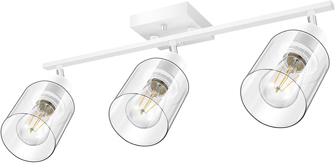 BoostArea White LED 3 Light Track Lighting Kit, 3 Way Ceiling Spot Lighting with Glass Lampshade, Flexibly Rotatable Light Head for Kitchen, Living Room, Bedroom, Bulb Not Included