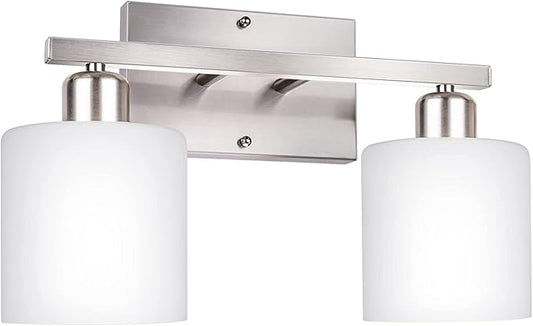Bathroom Vanity Light Fixture Over Mirror with Brushed Nickel, Modern 2-Light Wall Sconces Lighting for Bedroom,Living Room,Decor White Glass Shades,E26 Standard Base,Bulbs Not Included
