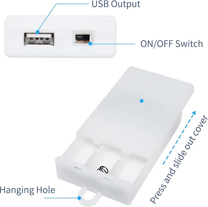 USB Female Socket 3 AA Battery Case White Battery Box Holder for 5V USB LED Strip Lights Fairy String Lights Curtain Lights Christmas Decoration