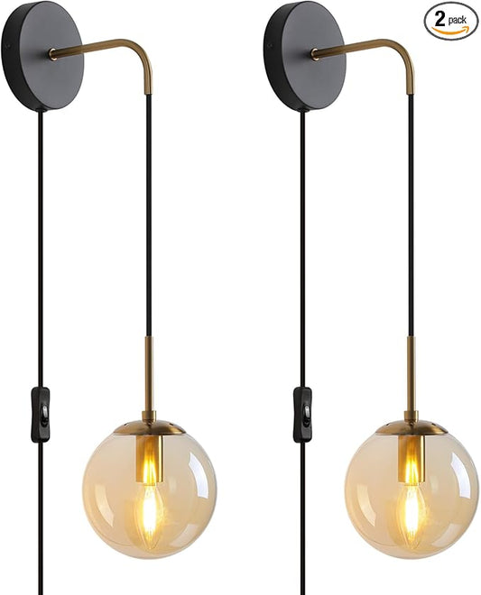 Wall Sconces Set of Two Black and Brass Gold 🔥🔥🔥 Plug in Wall Sconces Set of 2 with Globe Amber Glass Shade Wall Lights Wall Lamps for Bedrooms Sconces Wall Decor Set of 2 with Plug in Cord Switch