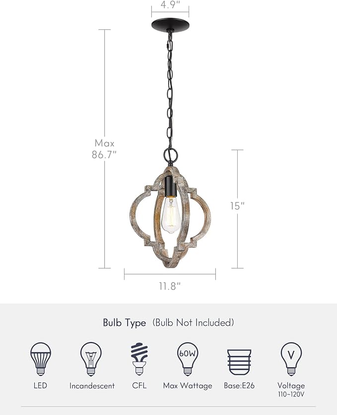 Farmhouse Pendant Lights, Wood Dining Room Light Fixtures, Adjustable Height Hanging Pendant Lights for Kitchen Island, Foyer, Entryway