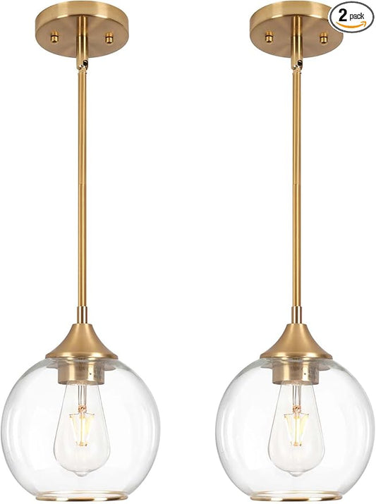 Pendant Lights Kitchen Island,Farmhouse Gold Pendant Light with Clear Glass Globe Shade,6.29" Glass Pendant Light for Brushed Bronze Finish Farmhouse Entryway Dining Room Kitchen Island 2PCS