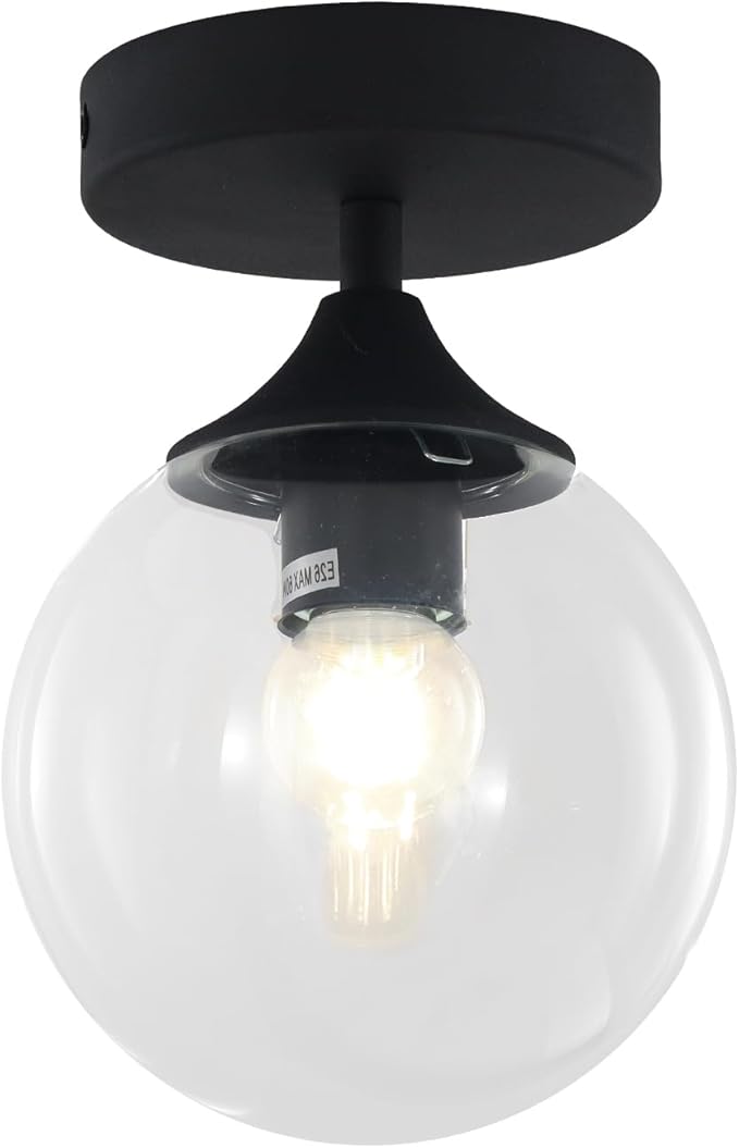 KCO Lighting 1-Light Small Clear Glass Globe Flush Mount Ceiling Light Industrial Matte Black Semi Kitchen Semi Flush Mount Ceiling Light Mid Century Hallway Ceiling Light Fixture