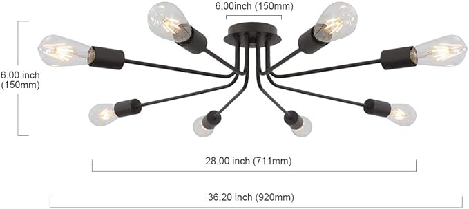 Modern 8 Light Ceiling Light Industrial Metal Oil Rubbed Bronze Sputnik Chandelier Semi Flush Mount Light for Dining Room Living Room Kitchen Bedroom Cafe Bar Hallway
