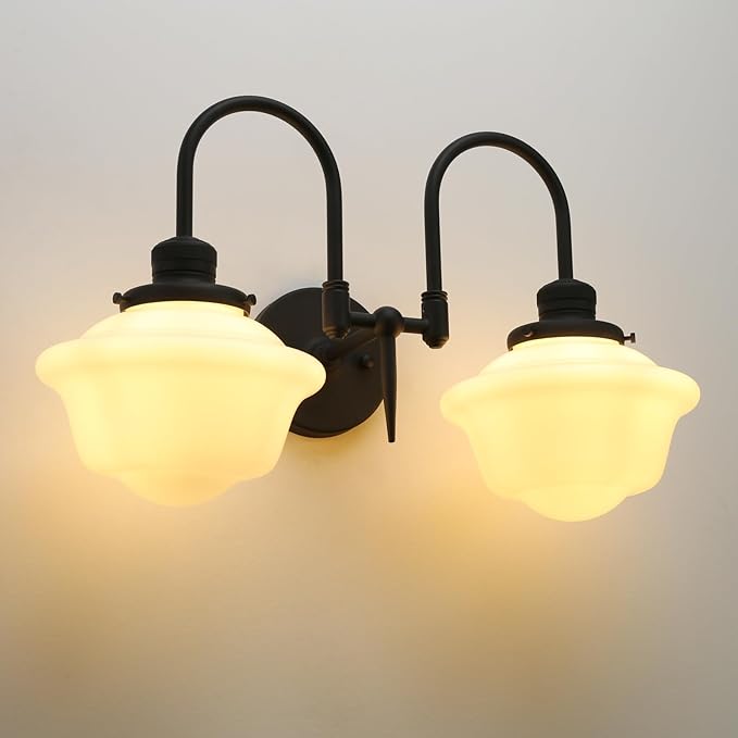 Pathson Vintage Milk White Wall Sconces, 2-Lights Hardwired Glass Bathroom Vanity Light Double Metal Curved Arms, Wall Painting Sconce Lamps Decor for Mirror, Living Room, Loft, Stairwell, Foyer
