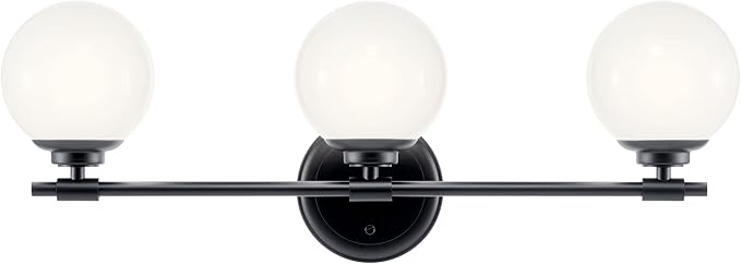 Kichler Benno 3-Light Bathroom Vanity Light Fixture with Opal Glass in Black, Modern Wall Mount Lighting for Bathroom or Powder Room, G9 LED Compatible (8.75 in x 24.5 in), 55172BK