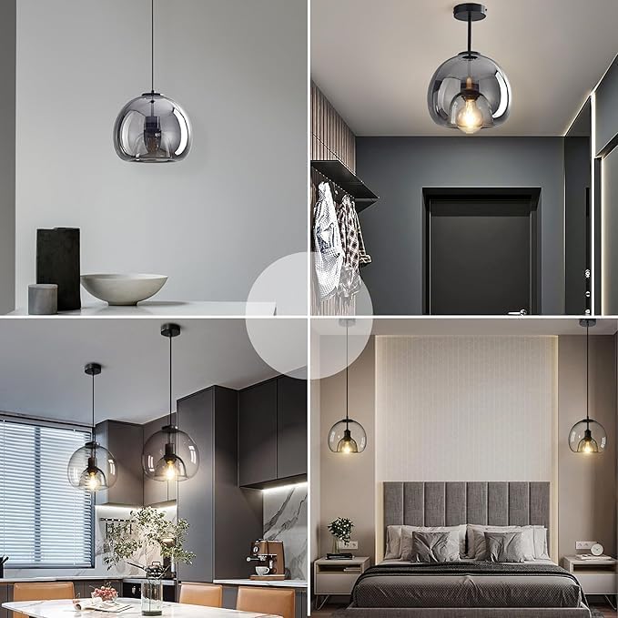 3-Pack Large Smoke Glass Pendant Lights for Kitchen Island, Includes Extra Bulbs & 4.26FT Adjustable Cord, Modern Pendant Lighting Fixtures for Kitchen, Dining Room, Living Room