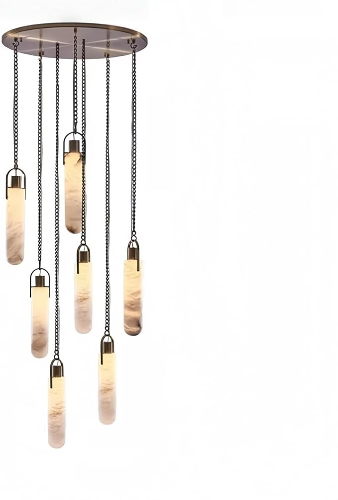 RUIBO Natural Marble 7 Light LED Multi-Drop Hanging Pendant Lighting,Cylinder Alabaster Multi Light Pendant Lights,Living Dining Room Loft Bedroom Modern LED Hanging Lamps(E14)