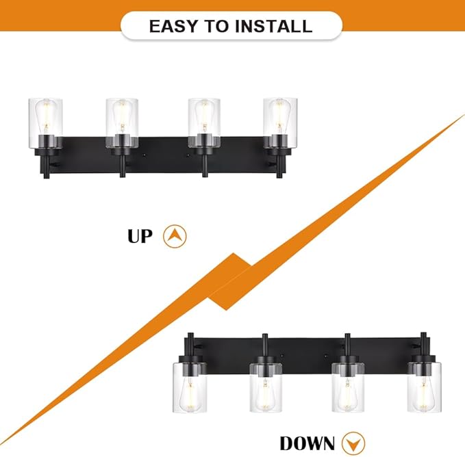 VINLUZ 4 Lights Bathroom Vanity Light Fixture Black Sconces Wall Lighting with Clear Glass Shade Modern Industrial Indoor Wall Mounted Lamp, Farmhouse Lighting for Kitchen (Patent No.: US D958,438 S)
