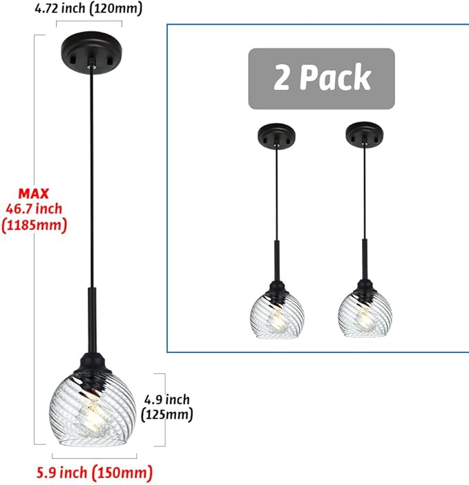 2 Pack Pendant Lights Kitchen Island with Clear Striped Swirl Globe Glass, Modern Hanging Light Fixtures Semi Flush Mount Stylish Black Pendant Lighting for Dining Room Hallway Bedroom Bar
