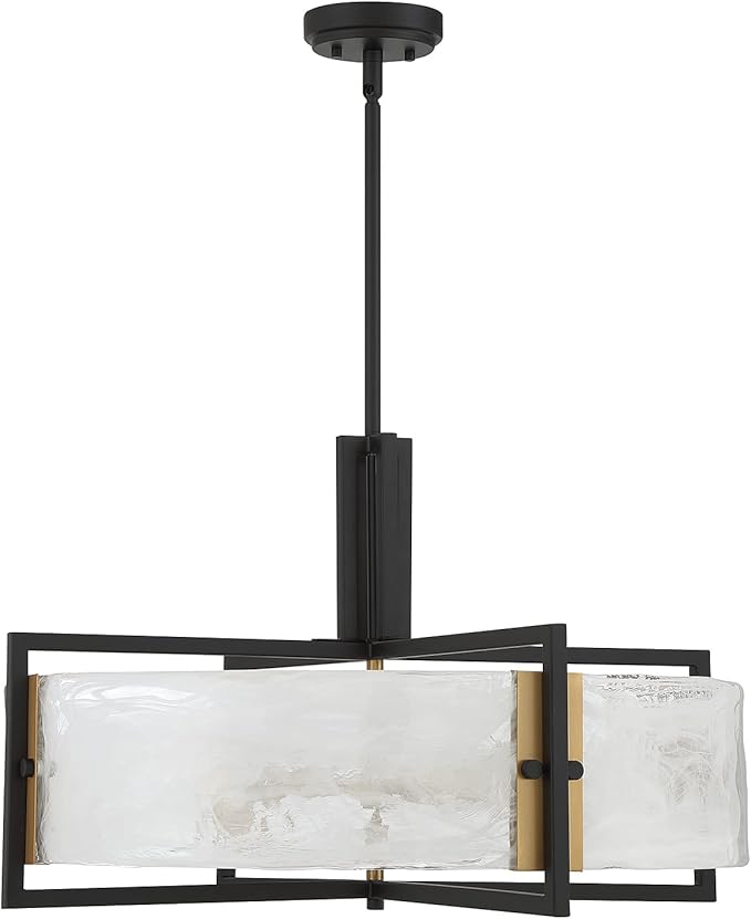 Savoy House 7-1696-5-143 Hayward Modern Strie Piastra Glass Drum Pendant, 5-Light 300 Total Watts, 17" H x 28" W, Matte Black & Warm Brass