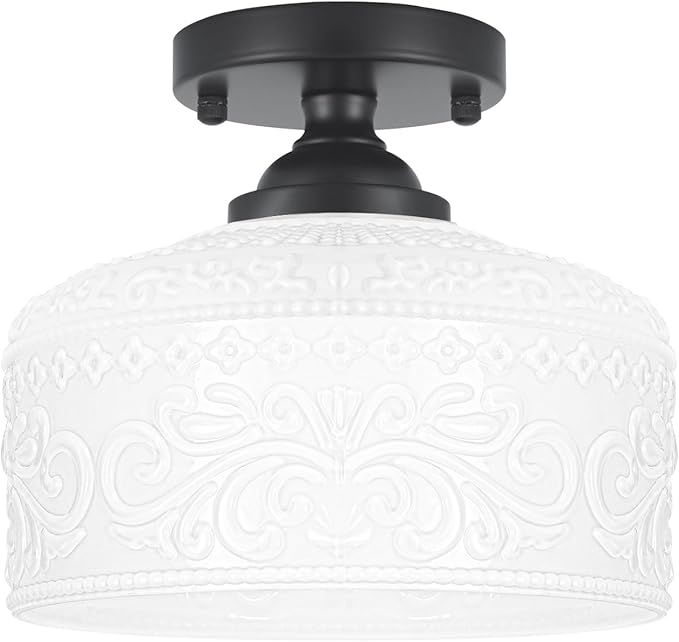 Artistic Black Handcrafted Semi Flush Mount Ceiling Light - 9.45 Inch Vintage White Glass Shade with Etched Patterns, Easy Install, Small Ceiling Light Fixture for Hallway, Kitchen, Bedroom