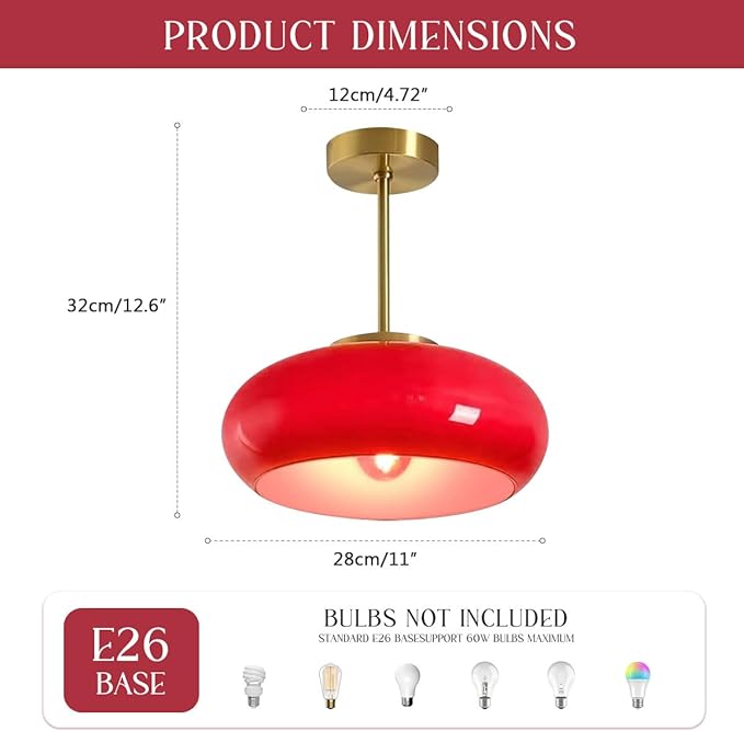 Hallway Ceiling Light Fixtures Glass Semi Flush Mount Ceiling Light with Red Dome Shade, Mid Century Modern Semi Flush Mount Lamp for Bedroom Dining Room Gold Brass Lights Fixture