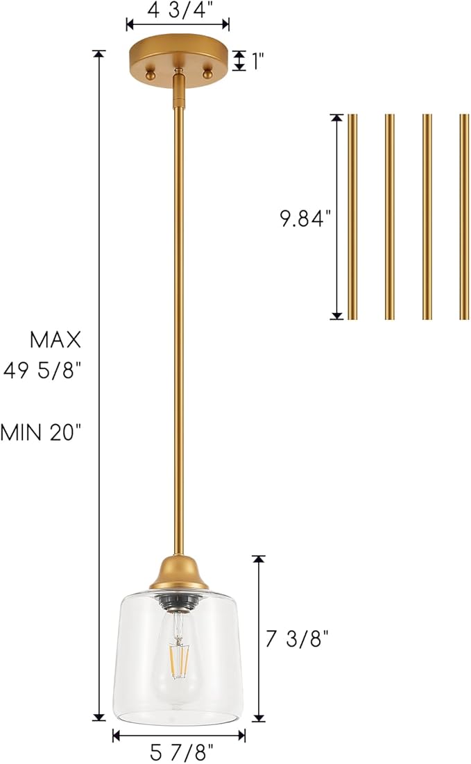 VILUXY Gold Glass Pendant Light for Kitchen Island,1 Light Hanging Pendant Lighting Fixture Clear Glass Shade Mini Modern Farmhouse Ceiling Light for Dining Room, Over Sink