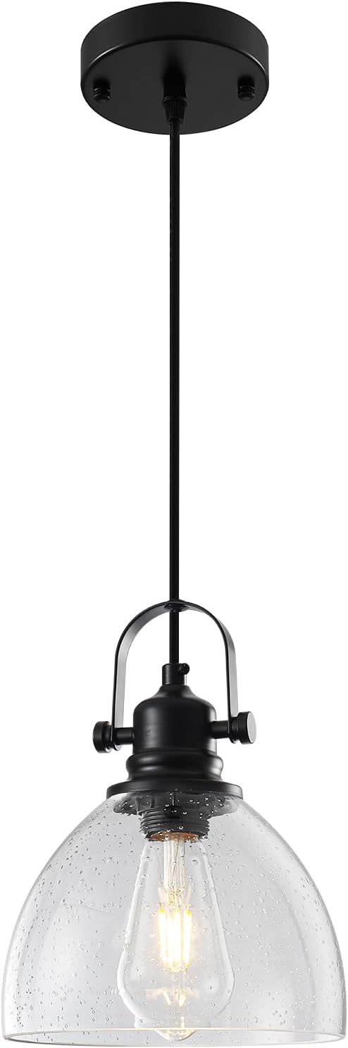 7.5" Seeded Glass Pendant Light 1 Pack, Vintage Hanging Kitchen Lights, Black Glass Pendant Lighting for Kitchen Island, Dining Room, Bar, Cafe