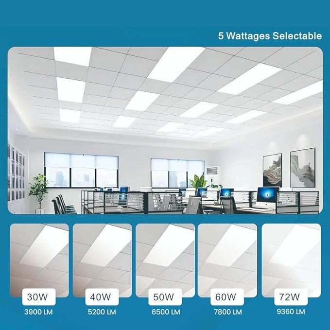 4 Pack 2x4 LED Flat Panel Light for Drop Ceiling, 9360lm Selectable 30W/40W/50W/60W/72W, Color Temperature 3000K/3500K/4000K/5000K/6500K, 0-10V Dimmable, 120-277V, ETL,DLC