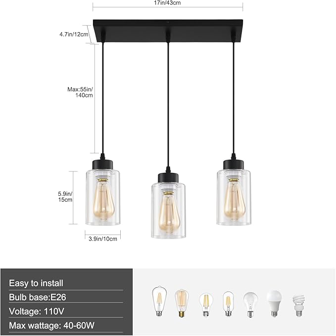 Black Chandelier,Farmhouse Light Fixtures Over Table, Dining Room Light Fixture Kitchen Island Lighting Chandeliers,Modern Pendant Light with Clear Glass Shade,Industrial Hanging Lighting