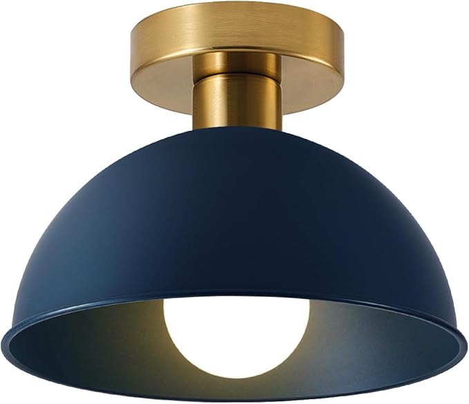 Industrial Semi Flush Mount Ceiling Light with Gold Plate and Blue Shade, Farmhouse Ceiling Light Fixture for Kitchen Island Dining Room Foyer Hallway Porch Barn Loft，10in