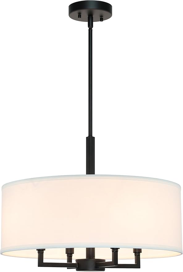 XiNBEi Lighting Drum Chandelier, Farmhouse 4 Light Pendant Light with White Fabric Shade Black Pendant Lighting Fixture for Kitchen Island Living Room XB-P1296-MB