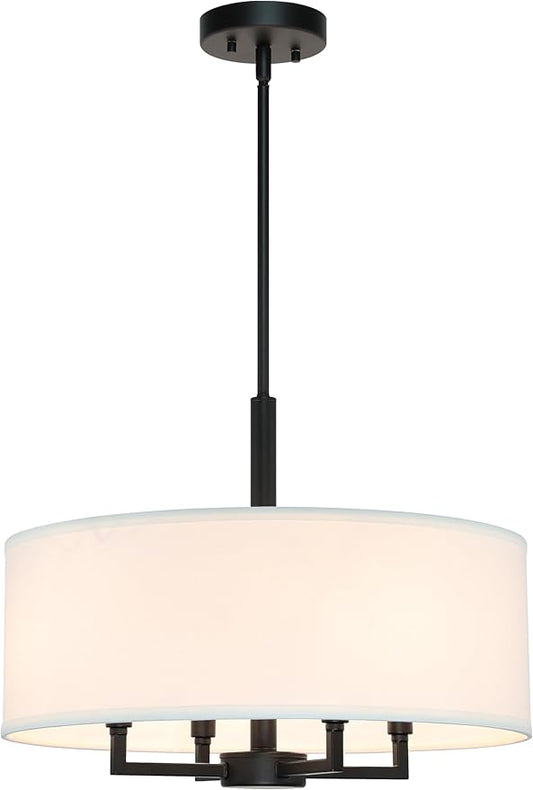 XiNBEi Lighting Drum Chandelier, Farmhouse 4 Light Pendant Light with White Fabric Shade Black Pendant Lighting Fixture for Kitchen Island Living Room XB-P1296-MB