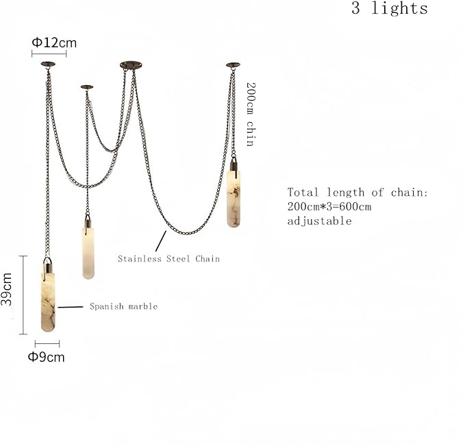 RUIBO Alabaster 3 Light LED Multi-Drop Hanging Pendant Lighting,Cylinder Natural Marble Multi Light Pendant Lights,Living Dining Room Loft Bedroom Modern LED Hanging Lamps(E14)
