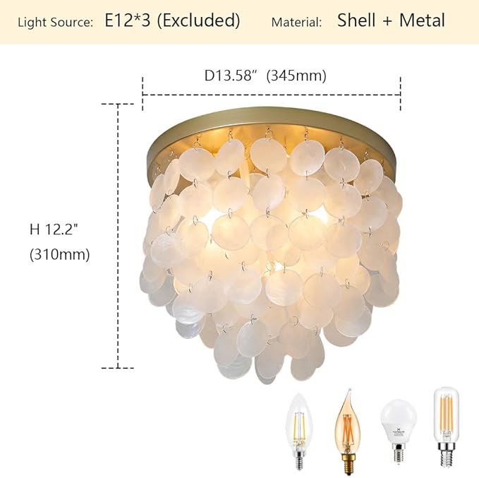 3-Lights Capiz Shell Ceiling Light Fixtures, Gold Boho Flush Mount Ceiling Light for Living Room, Bedroom, Kitchen Island, Foyer, Entryway, Seashell Coastal