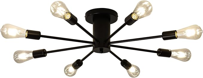 8-Lights Semi Flush Mount Ceiling Light, Matte Black Close to Ceiling Lighting with E26 Base, Modern Sputnik Light Fixtures for Living Room Bedroom Kitchen Dining Room