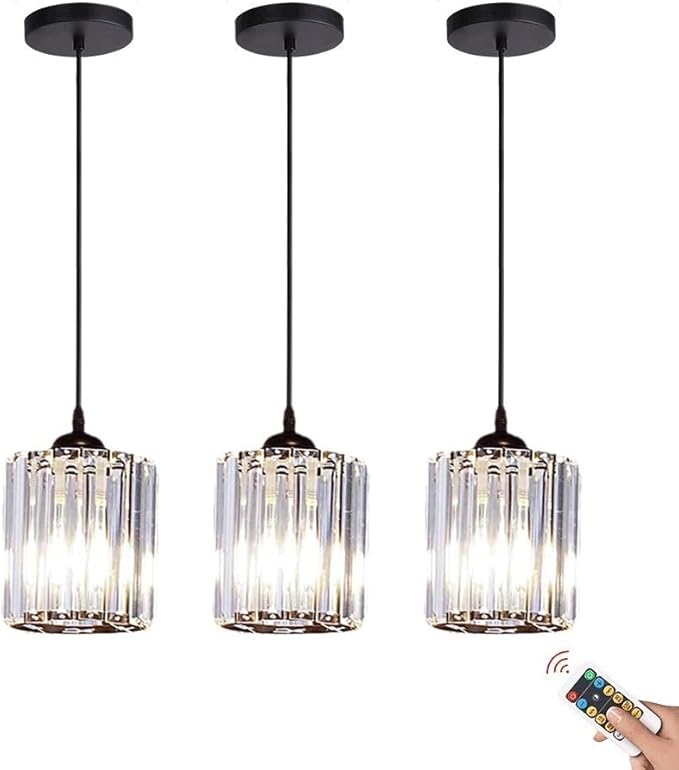 Rechargeable Wireless Battery Operated Pendant Light with Bulb & Remote, Battery Powered Pendant Lamp Cordless Crystal Glass Chandelier Ceiling Hanging Lighting for Kitchen Island Dining Table Bedroom