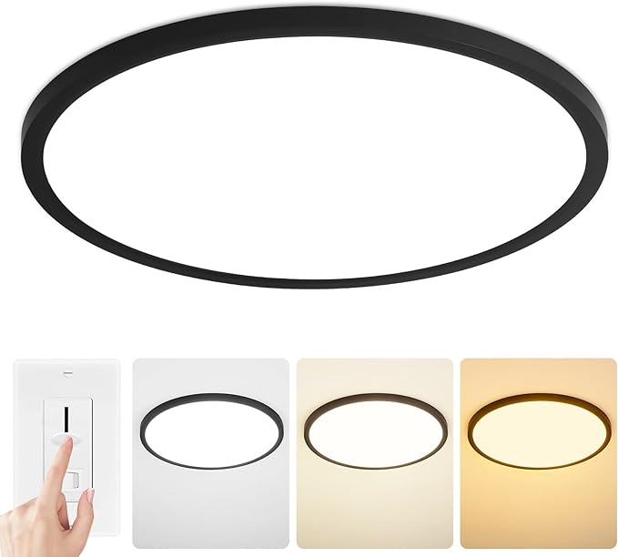 Modern 12'' Led Ceiling Light Fixture, Ultra Thin Flush Mount, Dimmable & 3000K/4500K/6000K Selectable, 22W 2200LM, Black, for Bedroom, Kitchen, Dining Room, Living Room, Home Office, Hallway