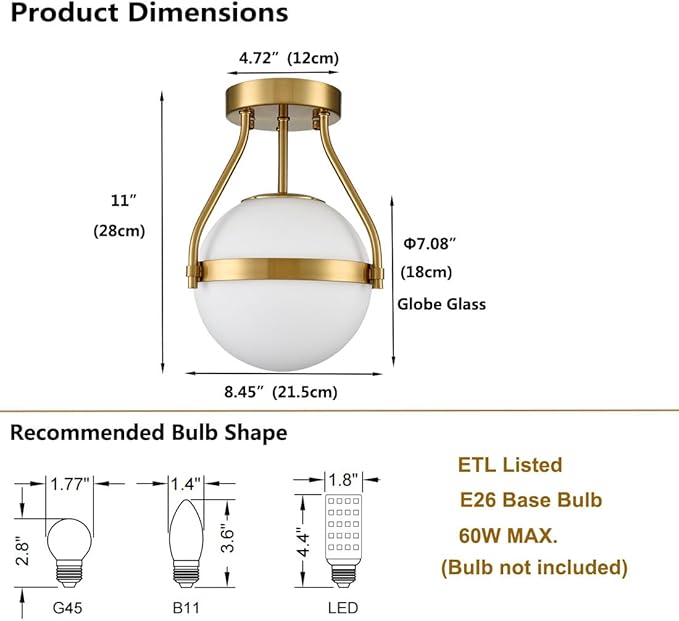 HOLKIRT Modern Light Fixture,Mid Century Semi Flush Mount Ceiling Light,Kitchen Light Fixtures Hallway Light Fixtures Ceiling,Brass Globe Ceiling Light Bedroom with Opal Glass 7Inch/18CM